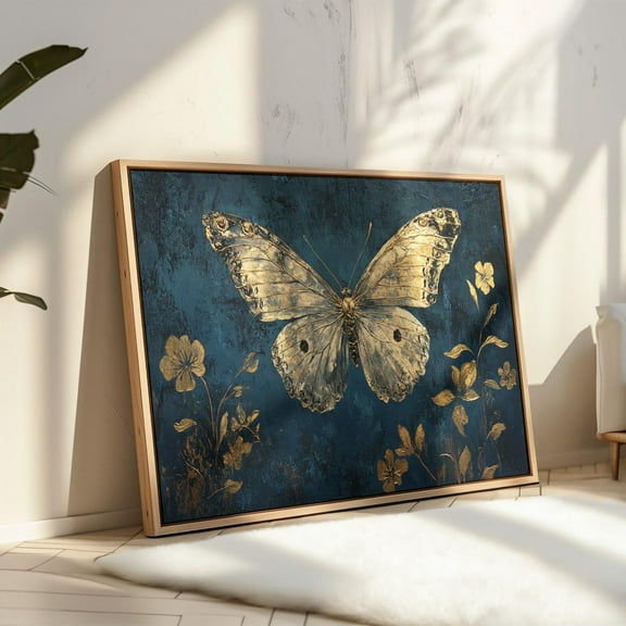 Antique Gold Butterfly Art, Navy Blue Floral Wall Decor, Vintage Botanical Print For Elegant Interiors Wall Art, Modern Wall Decor, 24x36 UNFRAMED
