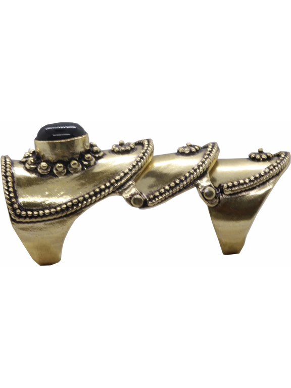 Antique Gold Color Brass Three-Step Statement Ring Black Stone Sculptural Ring