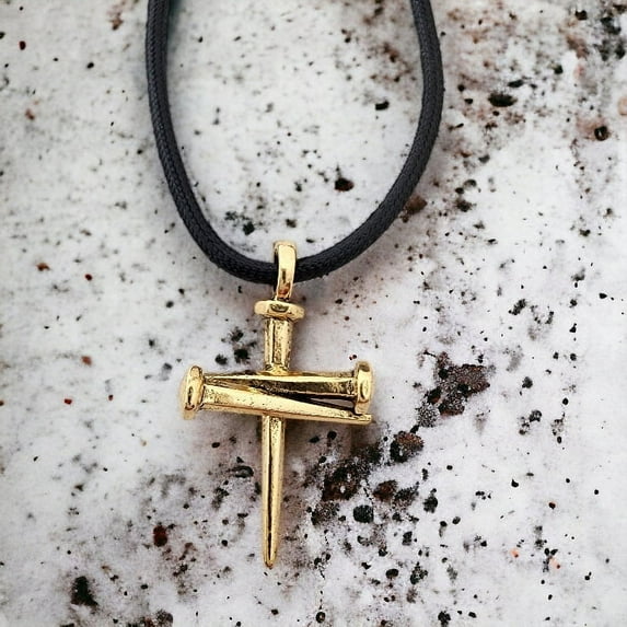 Antique Gold Finish Cross Nail Necklace (wc80lgold) On Black Rubber Cord