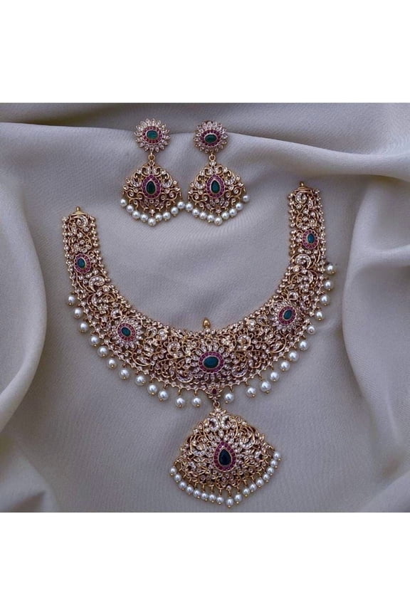 Antique Gold Finish Haram Necklace with Jhumka Earrings - Ruby & Green CZ Stones, South Indian Bridal Jewelry, Bollywood Wedding Jewelry Set