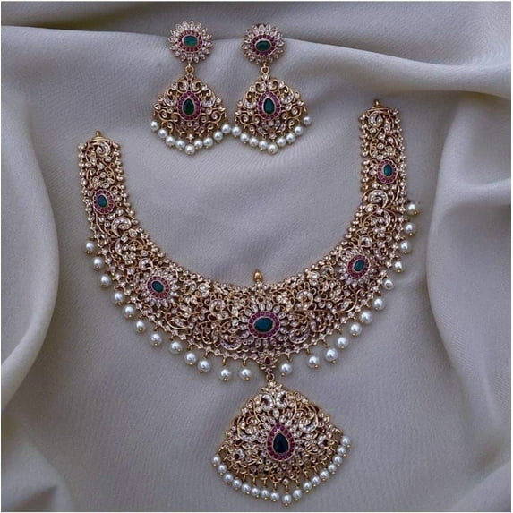 Antique Gold Finish Haram Necklace with Jhumka Earrings - Ruby & Green CZ Stones, South Indian Bridal Jewelry, Bollywood Wedding Jewelry Set