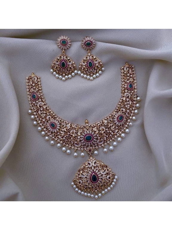 Antique Gold Finish Haram Necklace with Jhumka Earrings - Ruby & Green CZ Stones, South Indian Bridal Jewelry, Bollywood Wedding Jewelry Set