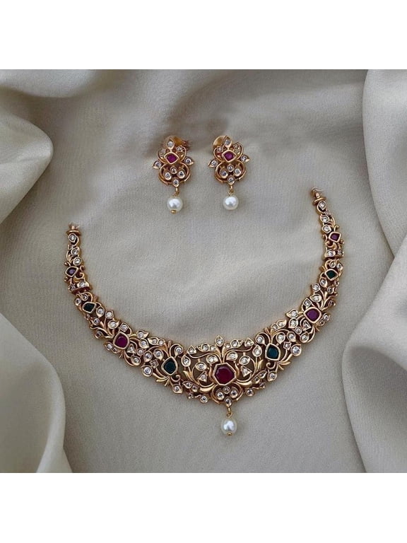 Antique Gold Finish Haram Necklace with Jhumka Earrings - Ruby & Green CZ Stones, South Indian Bridal Jewelry, Bollywood Wedding Jewelry Set