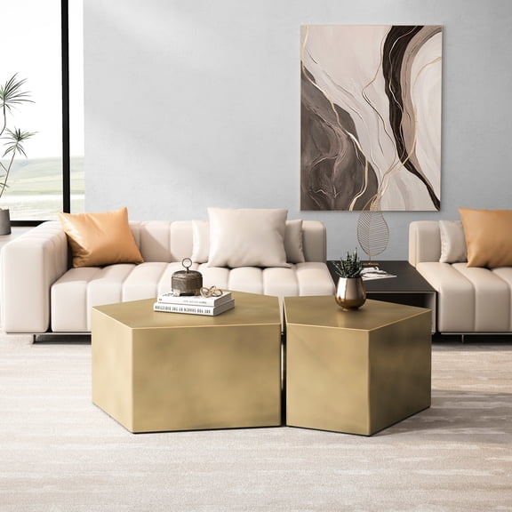 Antique Gold Geometric Table , Irregular Pentagon Nesting Style, Living Room Centerpiece, , No Assembly, 2 Center Assortment, Nesting, Gold,