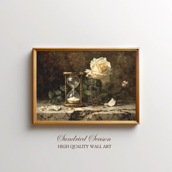 Antique Gold Hourglass Cream Rose Still Life Romantic Chiaroscuro, Unframed Paper Poster 8x10in