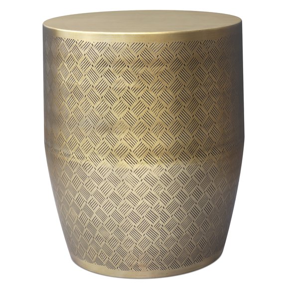 Antique Gold Iron Accent Table with Cross Hatch Pattern, 18 inch Round Side Table for Living Room