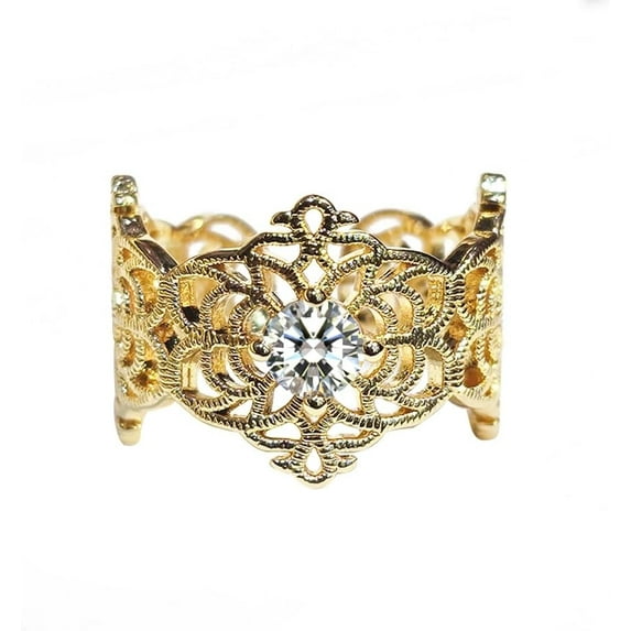 Antique Gold Lace Flowers Cocktail Rings for Women Cubic Zirconia Diamond Statement Wedding Party Engagement Stackable Ring Open Adjustable Middle Finger Band Comfort Fit Jewelry for Wife Mom