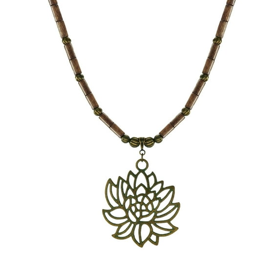 Antique Gold Patina Vintage Style Lotus Flower Pendant and Wood Beaded Necklace-18