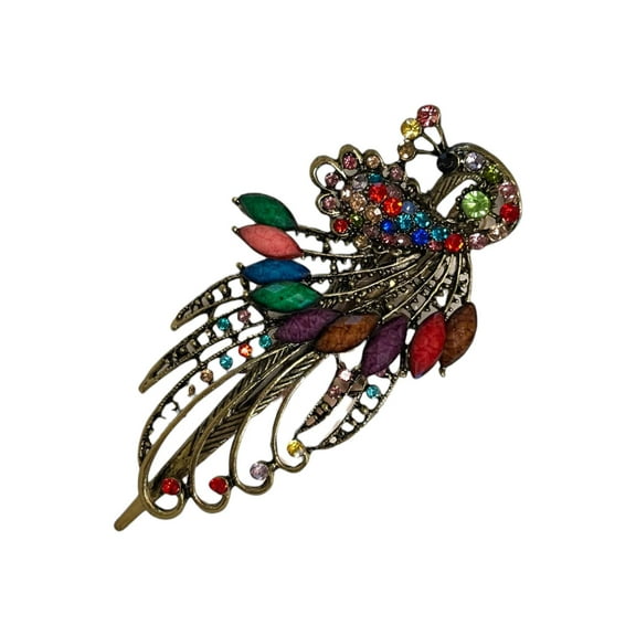 Antique Gold Peacock Hair Pin with Multicolor Crystals