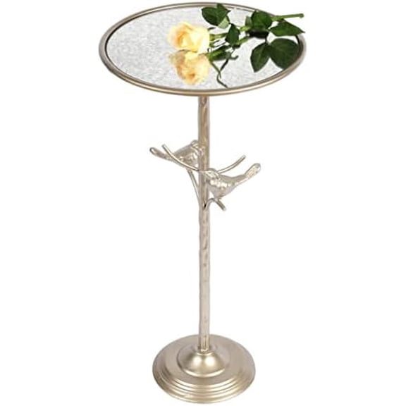 Antique Gold Pedestal Drink Table Glass Top and Birds in Branch, Accent Round End Side Table for Living Room, Bedroom, Bathroom, Office, Outdoor, Business$$Furniture