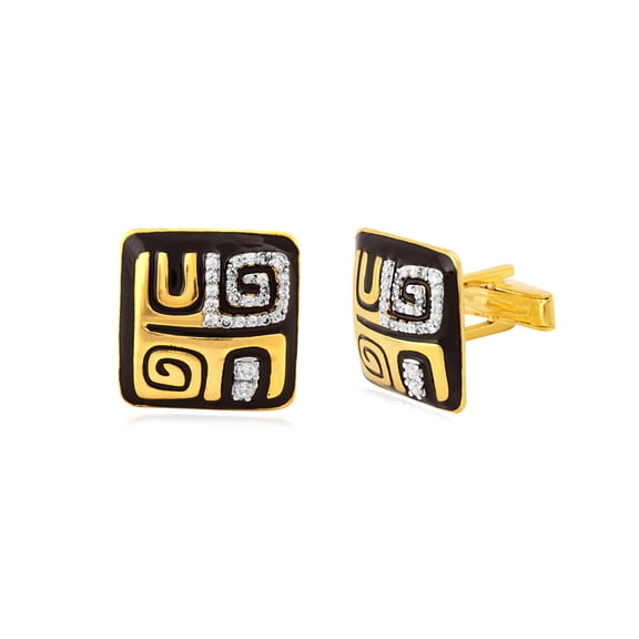 Antique Gold Plated Cufflinks - Sterling Silver Square Cufflinks With Black Enamel And Cubic Zirconia Pattern