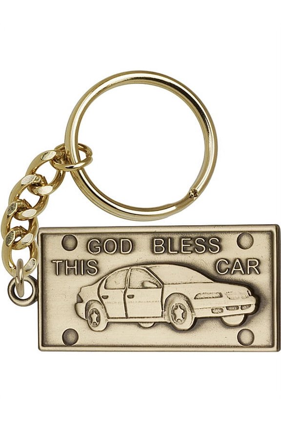 Antique Gold-Plated God Bless This Car Keychain 1 x 2 1/8 inches