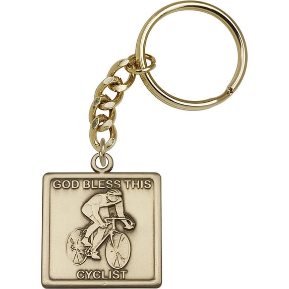 Antique Gold-Plated God Bless This Cyclist Keychain 1 1/2 x 1 1/4 inches