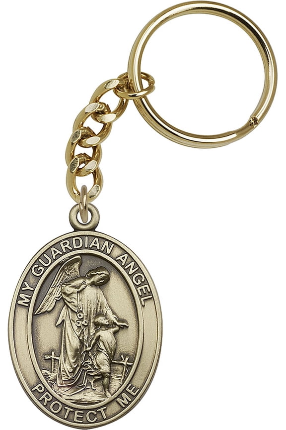 Antique Gold-Plated Guardian Angel Keychain 1 7/8 x 1 1/4 inches