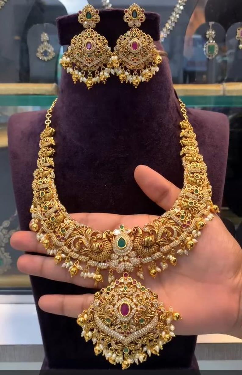 Antique Gold Plated South Indian Bridal Necklace Set with Earrings and  Temple Pendant – Peacock Design Jewelry - Walmart.com, image size:794x1231