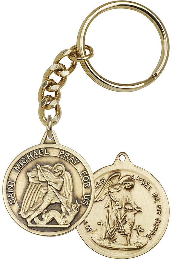 Antique Gold-Plated St. Michael the Archangel Keychain 1 3/8 x 1 1/4 inches