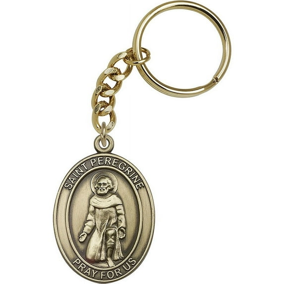 Antique Gold-Plated St. Peregrine Keychain 1 7/8 x 1 1/4 inches