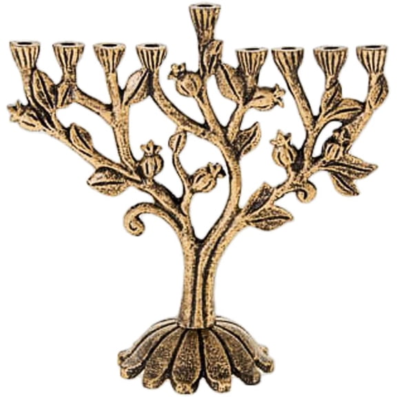 Antique Gold Pomegranate Tree Hanukkah Menorah Elegant 9" Metal Candle Holder with Tree of Life Design, Sturdy Round Base, Traditional Chanukiah