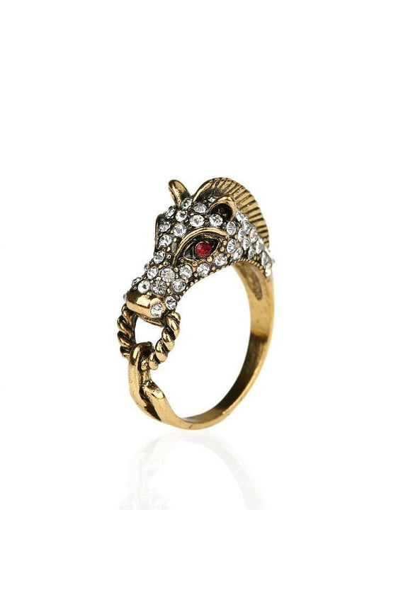 Antique Gold Seahorse Ring with Rhinestone Crystal Inlay Animal Zodiac Ring Electroplated Fashion Jewelry Ring for
