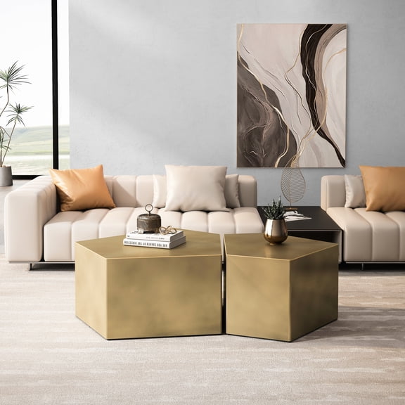 Antique Gold Side Table Package, Irregular Pentagon Geometric Design, Living Room Furniture, , No Assembly Required, 2 Bundle, Nesting Style, Gold, Assembly,