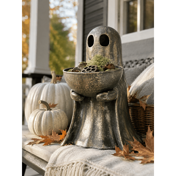 Antique Gold Standing Ghost With Removable Bowl Halloween Decoration, Vintage Ghost Statue for Autumn Home Decor Shelf Mantel Accent