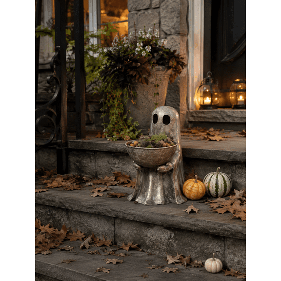 Antique Gold Standing Ghost With Removable Bowl Halloween Figurine, Rustic Seasonal Decoration for Table Shelf Mantel and Home Display