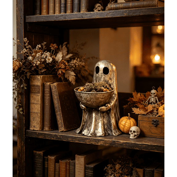 Antique Gold Standing Ghost With Removable Bowl, Halloween Ghost Figurine, Distressed Antique Gold Finish for Table Mantel Home Decor