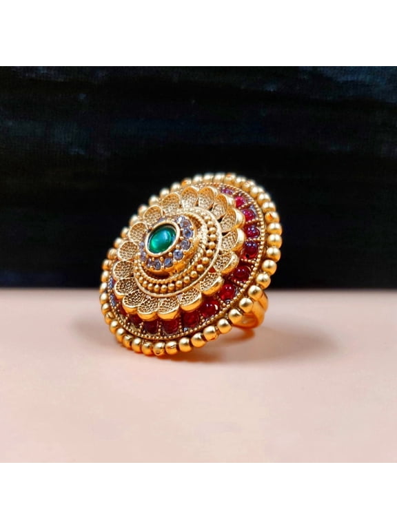 Statement Multi-Tier Floral Cocktail Red, Green Elegant Traditional Ring, Gold-Plated, 1 Count per Pack