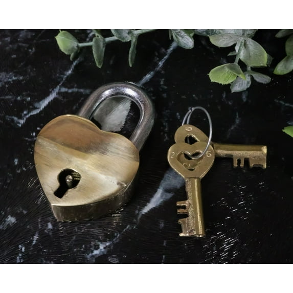 Antique Gold Tone Keepsake Brass Small Heart Love Shaped Padlock With 2 Keys