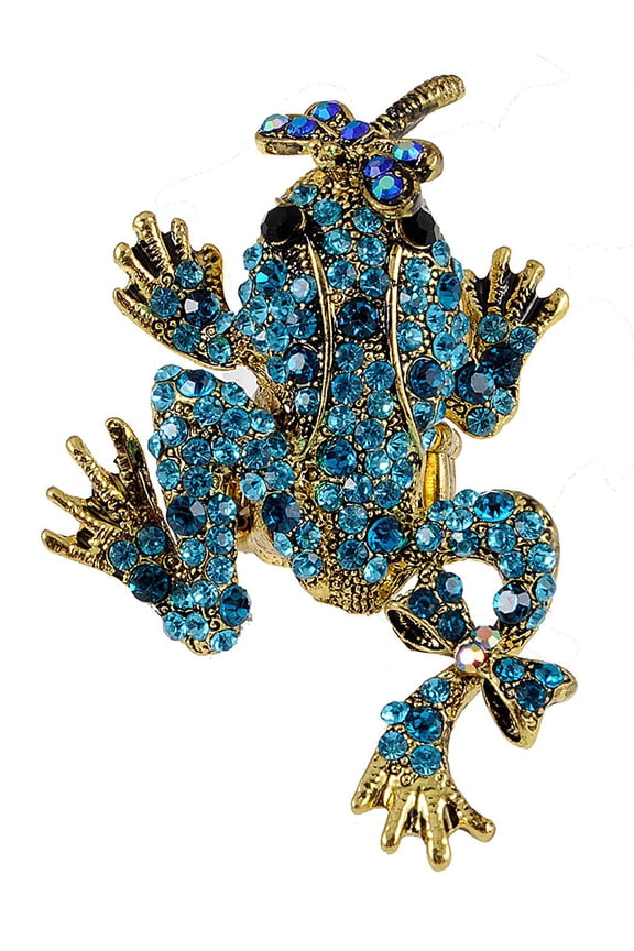 Antique Gold Tone Marine Blue Crystal Rhinestone Dragonfly Kisses Frog Toad Ring