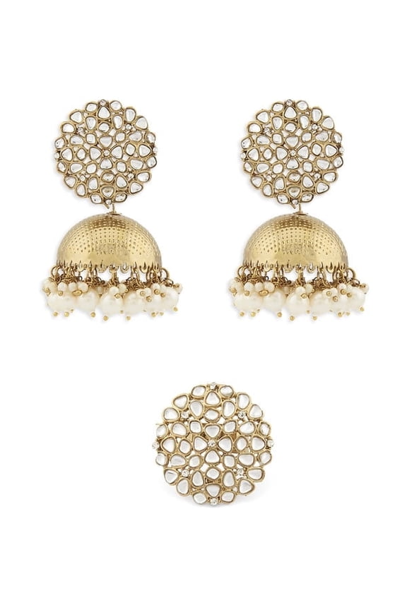 Antique Gold Tone Traditional Kundan Jhumki Earring & Ring Set For Women