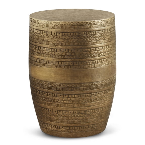 Antique Gold Tribal Pattern Metal End Table, 15 Inch Wide Accent Table with Marble Top for Living Room