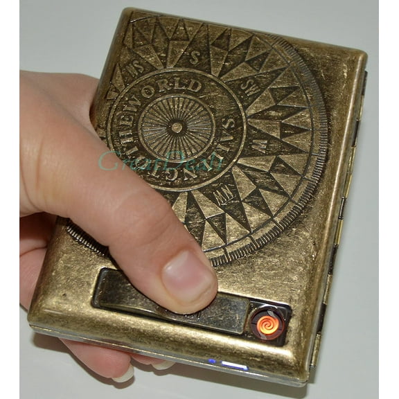 Antique Gold USB Rechargeable Windproof Metal Electric Built-in Flame Less Lighter Cigarette Cigar Storage Case( GD-1380)