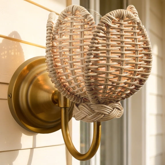 Antique Gold Wrought Iron Wall Sconce with Tulip-Shaped Wicker Shade – Natural Rattan Fixture for Bedroom, Living Room, Hallway, Entryway
