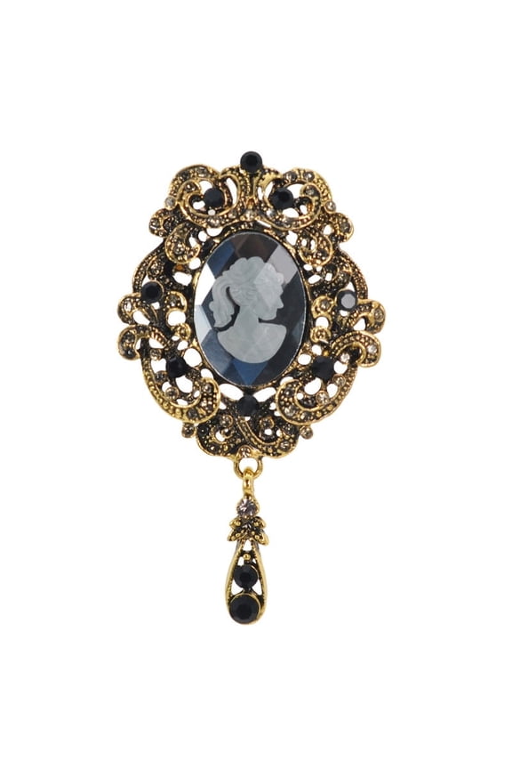 Antique Golden Tone Black Crystal Rhinestone Victorian Floral Vintage Grey Cameo Brooch Pin