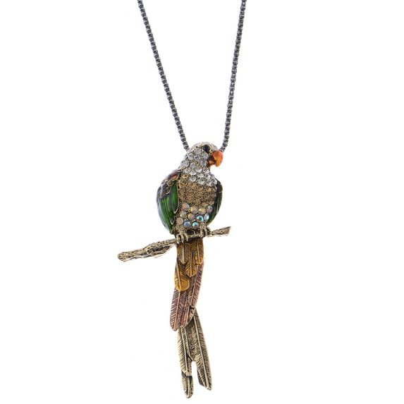 Antique Golden Tone Multicolored Tropical Parrot Bird Pendant Rope Necklace