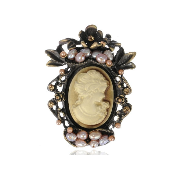 Antique Golden Tone Peach Faux Pearl Beads Vintage Cameo Lady Brooch Pin