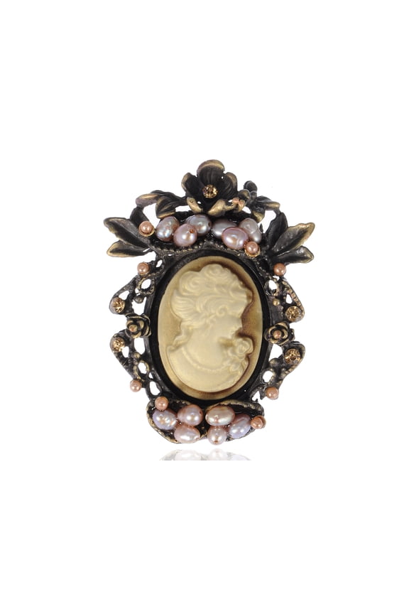 Antique Golden Tone Peach Faux Pearl Beads Vintage Cameo Lady Brooch Pin