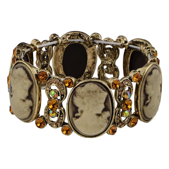 Antique Golden Tone Sparkly Topaz Crystal Rhinestones Victorian Cameo Lady Portrait Stretch Bracelet