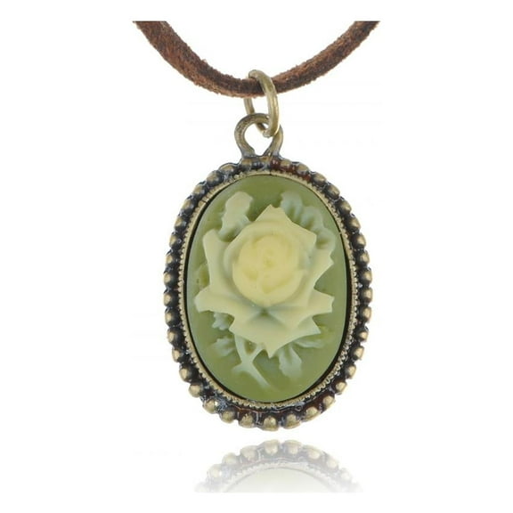 Antique Golden Tone Vintage Faux Suede Green Enamel Rose Oval Pendant Necklace, Green
