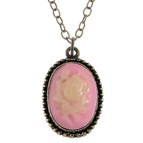 Antique Golden Tone Vintage Faux Suede Pink Enamel Rose Oval Pendant Necklace, Pink