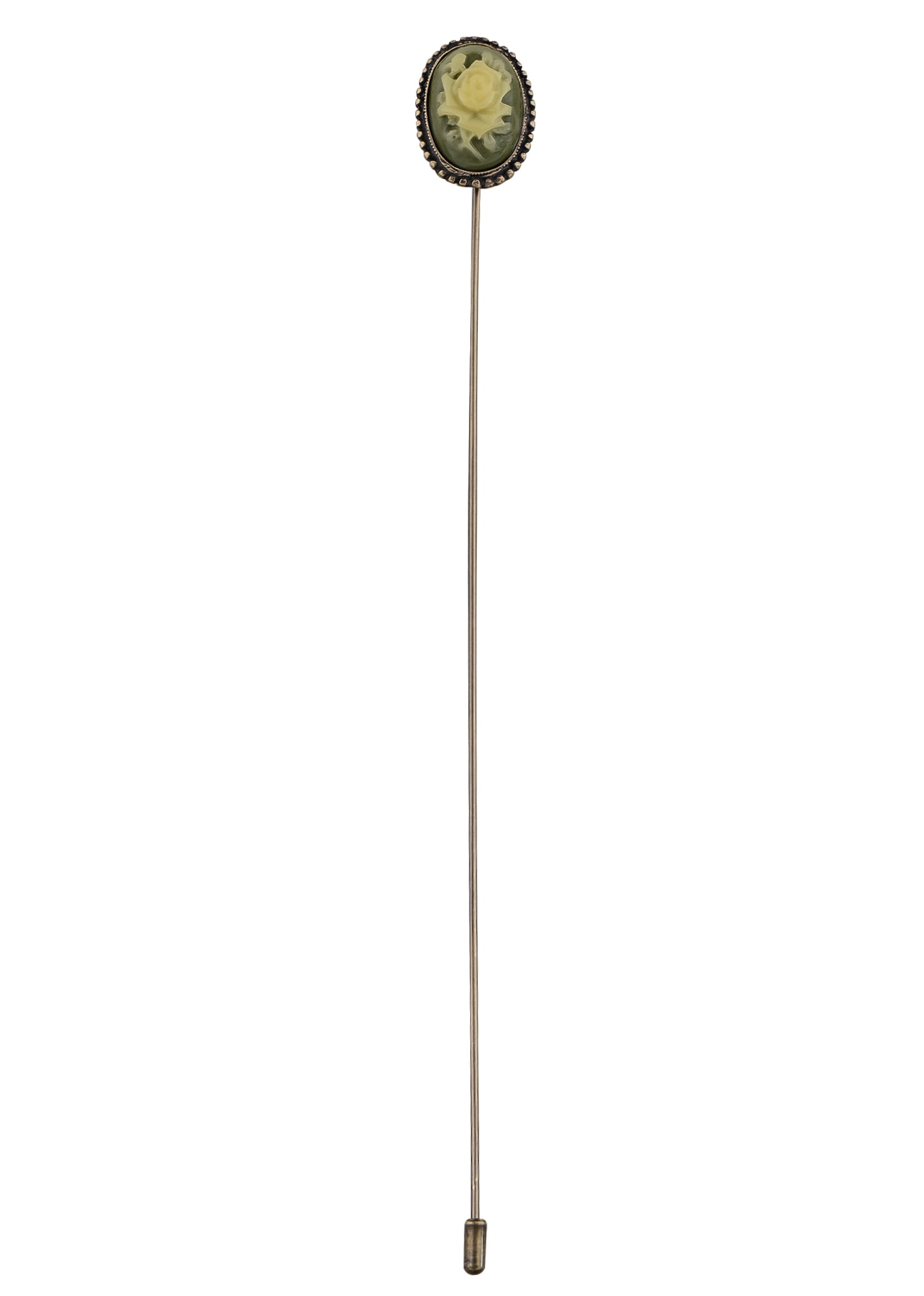 Antique Golden Tone Vintage Green Cameo Floral Rose Hat Pin Long Handle Stick Lapel Pins Pack Of 1, Cameo
