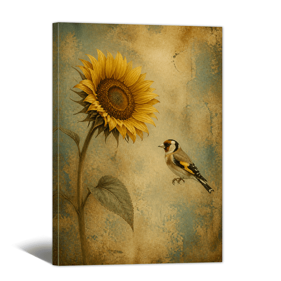 Antique Goldfinch Canvas Wall Art Rustic Flora and Fauna Picture Print, Weathered Ochre Serene Artwork Sunflower Stem Painting for Bathroom, Home, Living room Decor