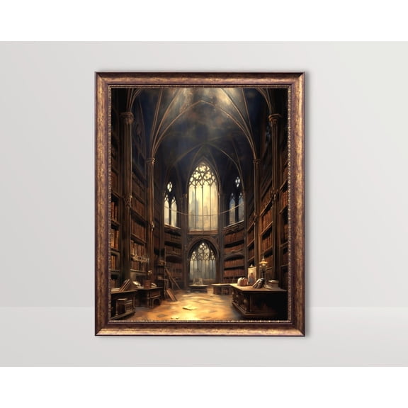 Antique Gothic Library, Books Vintage, Dark Academia Decor, Moody Goth Wall Art, Bookish Art Poster Victorian Baroque Aesthetic, Unframed Canvas Size 12x18