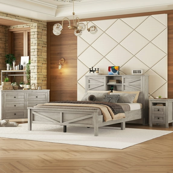 Antique Gray 3 Bedroom Suites Queen Size, Platform Bed With Storage & Charging Station, Functional Nightstand And Dresser Size , Headboard, Elegant In Color