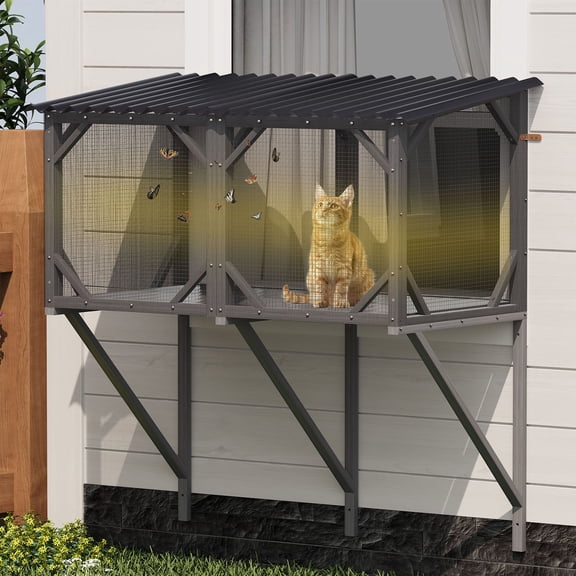 Antique Gray Cat Window Catio Enclosure with Bug Proof Net, Sturdy Wood Construction for Cats Outdoors
