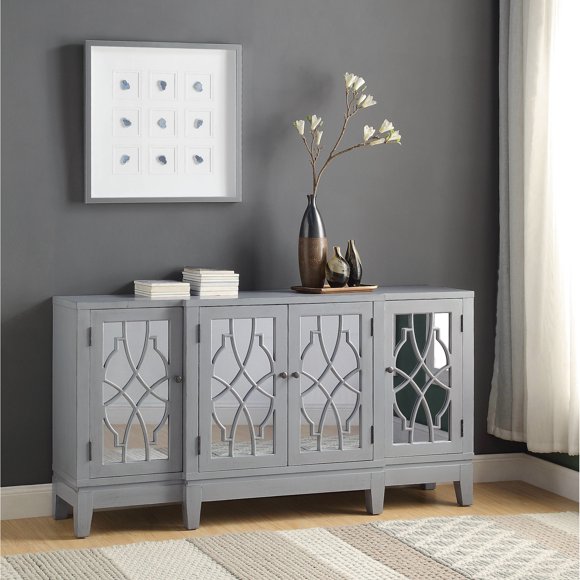 Antique Gray Console Storage Cabinet With 4 Doors & Mirror , Shelves, Tapered Leg, 60"w X 32"h 15"d, 93 Lbs Front, Shelves Inside, 60" W 32" H 15" D,