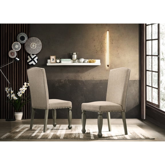 Antique Gray Finish - Upholstered with Nailhead Trim - Dining Room Use - Comfortable Seating Set of 2