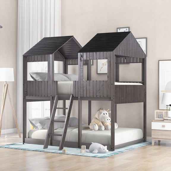 Antique Gray Full Over Full WoodBunk Bed - Create Fun Space with Guardrail & Ladder & Sturdy Construction
