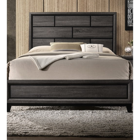 Antique Gray King Size Panel Bed, Box Headboard, Transitional Bedroom Furnishings With Rubberwood & Plywood Rustic Bed Contemporary Furniture, Made Of Paper Veneer